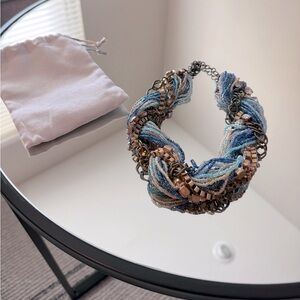 Beautiful beaded chain chunky adjustable necklace in shades blue, cream, brown